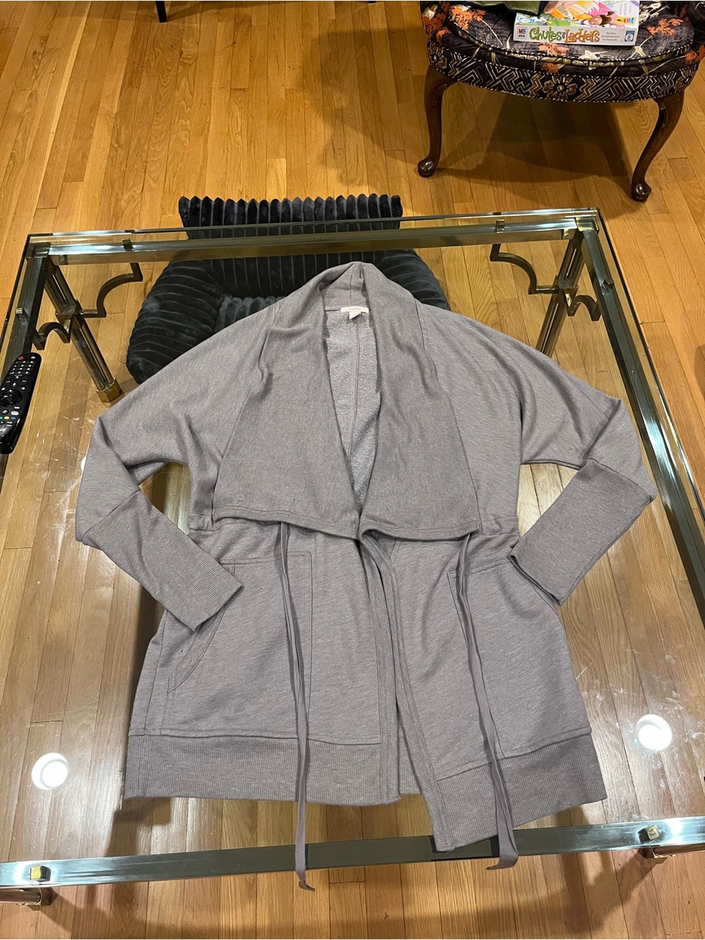 Caslon Light Gray Open-Front Cardigan with Waist Ties